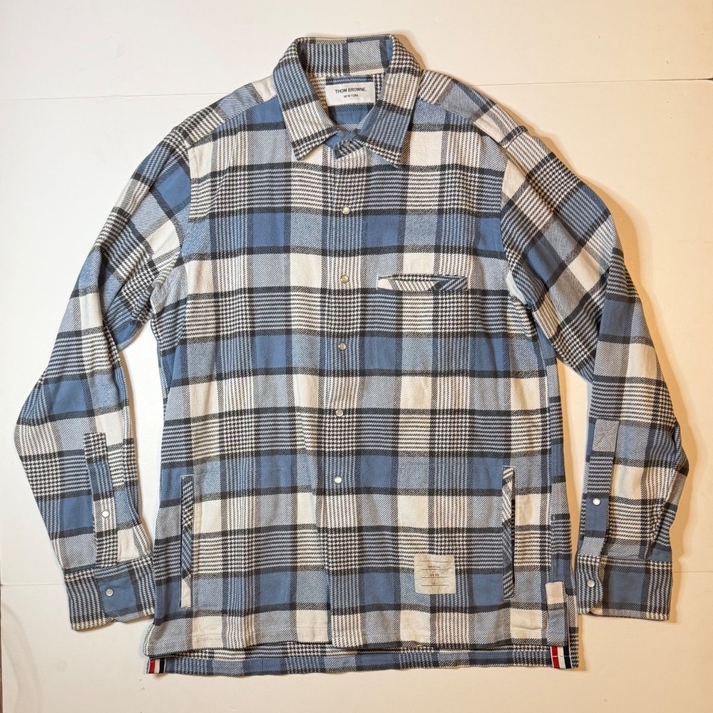 Thom Browne Pearl Snap Plaid Flannel Front Shirt Jacket Men's Size 3